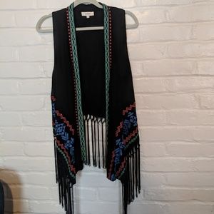 Umgee Embroidered Black Fringe Vest